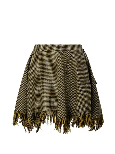 Ganni Houndstooth-pattern Fringed Skirt In Green
