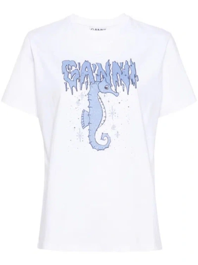 Ganni Illustration-print Organic-cotton T-shirt In White