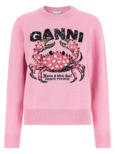 Ganni Intarsia Crab-knit Sweater In Pink