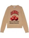 Ganni Graphic Wool Mix Cherry Crewneck Safari In Brown
