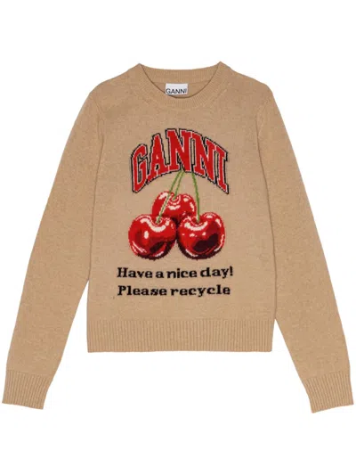 Ganni Graphic Wool Mix Cherry Crewneck Safari In Beige
