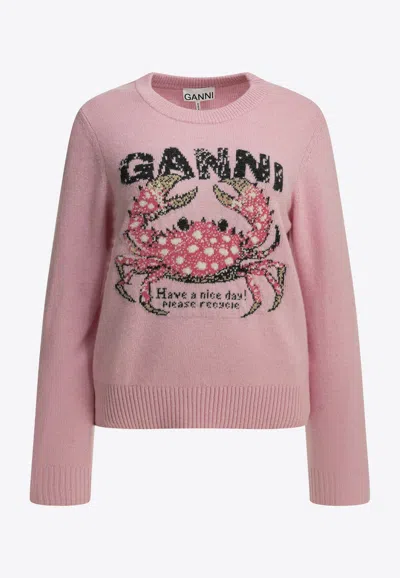 Ganni Intarsia Knit Crab Wool Sweater In Pink