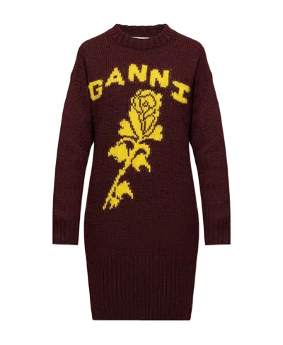 Ganni Woman Mini Dress Cocoa Size M Wool In Brown