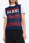 Ganni Striped Openwork Vest With Logo Inlay In Blue