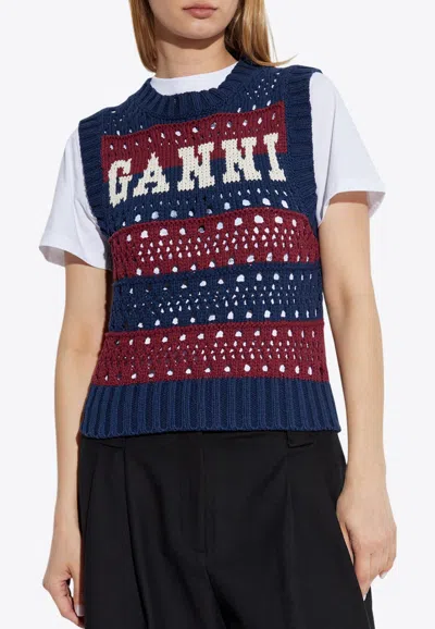Ganni Intarsia Knit Logo Striped Knit Vest In Multi