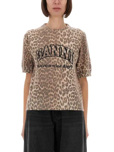 Ganni Intarsia Knit Logo T Shirt In Animal Print