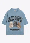 Ganni Light Blue Crewneck T-shirt With Maxi Logo Embroidery On The Front