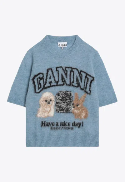 GANNI INTARSIA KNIT LOGO TOP IN ALPACA BLEND