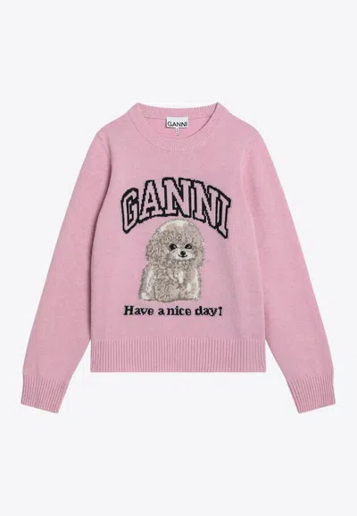 GANNI INTARSIA KNIT POODLE LOGO SWEATER