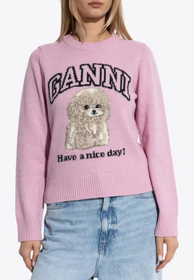 Ganni Intarsia Knit Poodle Sweater In Pink