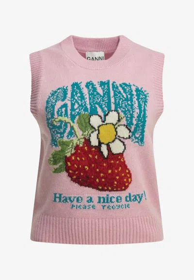 Ganni Intarsia Knit Strawberry Wool Vest In Pink