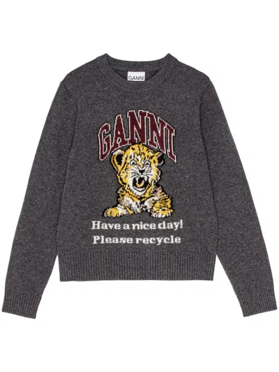 Ganni Intarsia-knit Tiger Jumper In Grey