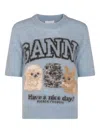 Ganni Light Blue Crewneck T-shirt With Maxi Logo Embroidery On The Front In Blue