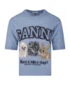 Ganni Light Blue Crewneck T-shirt With Maxi Logo Embroidery On The Front