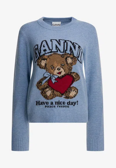 Ganni Wool Crew Neck Sweater Graphic Print In Blue