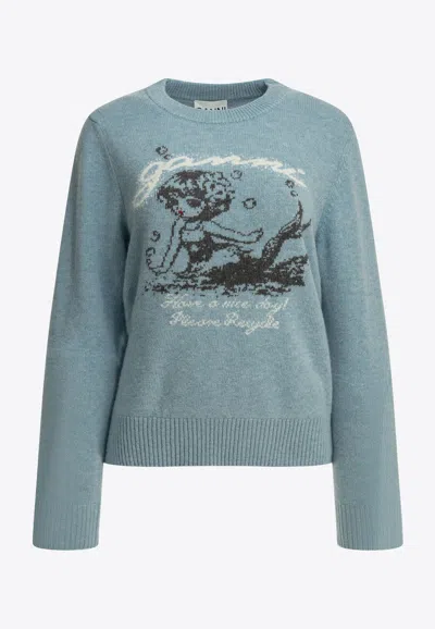 Ganni Intarsia Knit Wool Mermaid Sweater In Blue