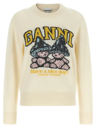 Ganni Intarsia Logo And Bear Graphic Sweater In White