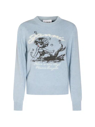 Ganni Knit Top Crew Neck Graphic Print In Gray