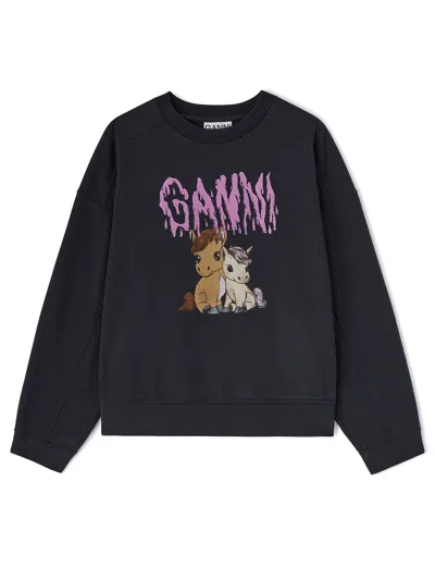 Ganni Islands Crew Neck Knit Graphic Sweatshirt In Black