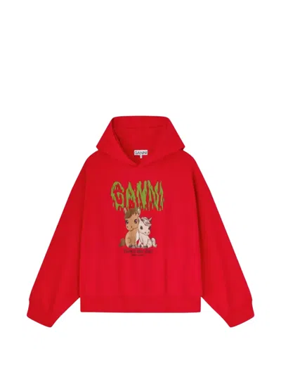 Ganni Isoli Jersey Cropped Hoodie In Red