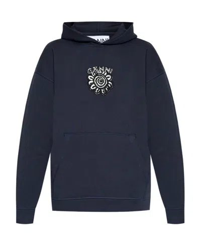 Ganni Isoli Flower Organic Cotton Hoodie In Blue