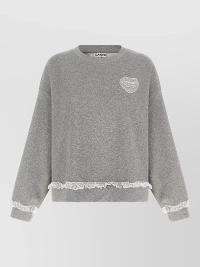 Ganni Isoli Lace Crew Neck Sweatshirt In Gray