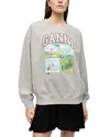 Ganni Oversized Sweatshirt With Playful Graphic Print In Paloma Melange