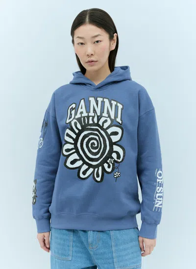 Ganni Isoli Mega Flower Oversized Hooded Sweatshirt In Blue