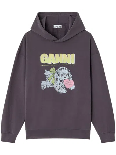 Ganni Isoli Oversized Hoodie With Graphic Puppy Print In Gray