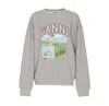 Ganni Oversized Sweatshirt With Playful Graphic Print In Grigio