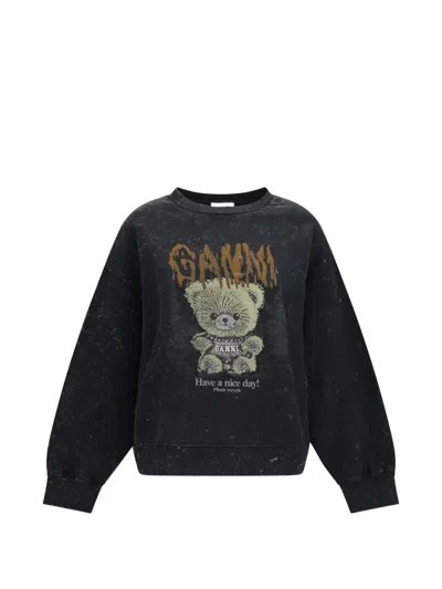 Ganni Isoli Teddy-print Cotton Sweatshirt In 블랙