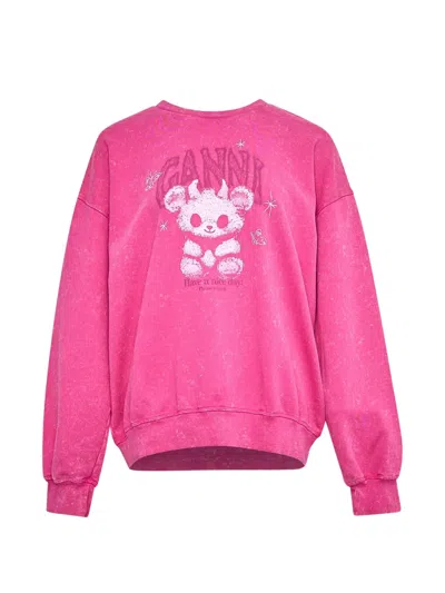 Ganni Isoli Teddy-print Sweatshirt In Pink