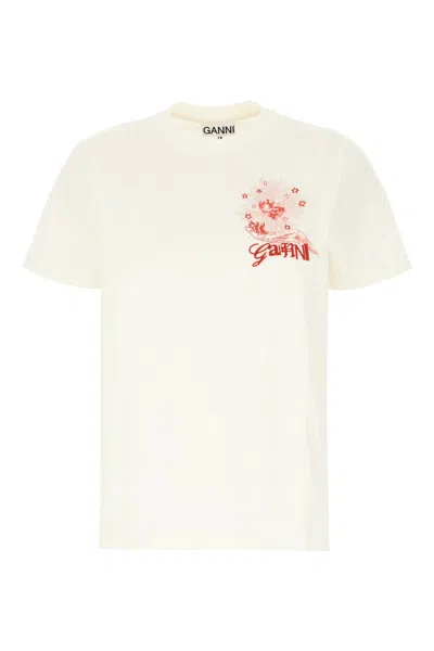 Ganni Ivory Cotton T-shirt In Egret