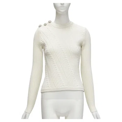 Pre-owned Ganni Ivory Crystal Button Textured Knit Cotton Blend Sweater Top Xs In White