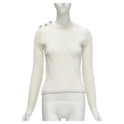 Pre-owned Ganni Ivory Crystal Button Textured Knit Cotton Blend Sweater Top Xs In White