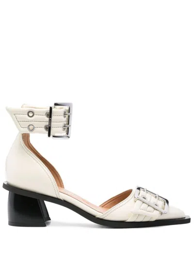 Ganni Ivory Pumps With Buckles And Ankle Strap In White