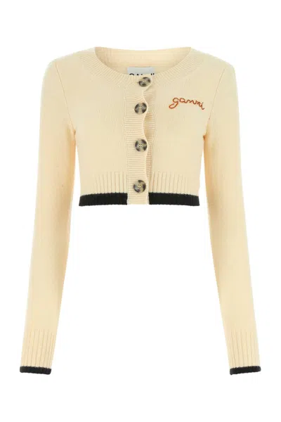 Ganni Ivory Wool Blend Cardigan In Yellow