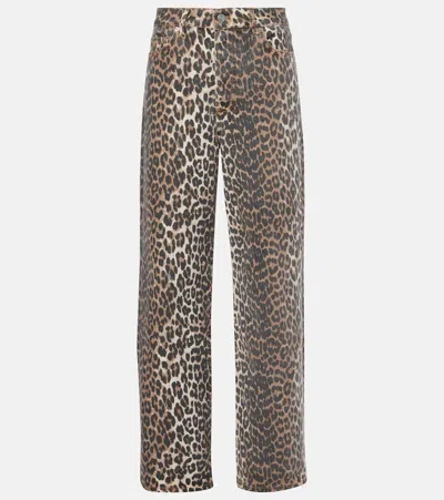 Ganni Wide-leg Animal Print High-rise Jeans With Belt Loops In Gray