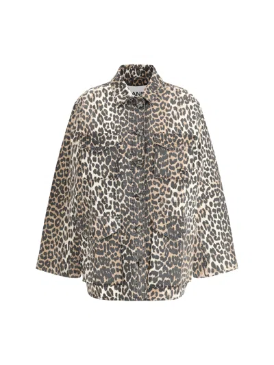 Ganni Leopard Print Canvas Overshirt In Animal Print
