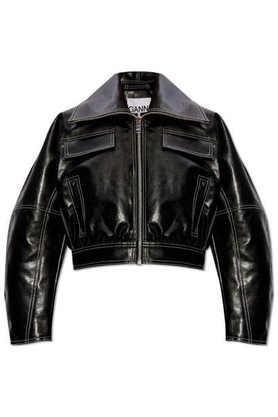 Ganni Cropped Faux Patent-leather Jacket In Black