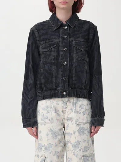 Ganni Animal Motif Denim Cropped Jacket In Black