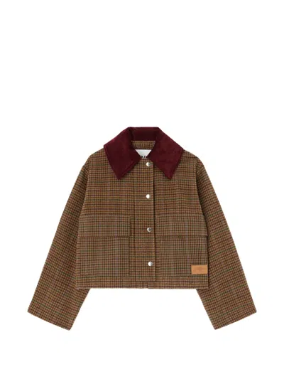 Ganni Jacket In Check Twill In Brown
