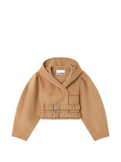 Ganni Jacket In Double-faced Wool In Brown