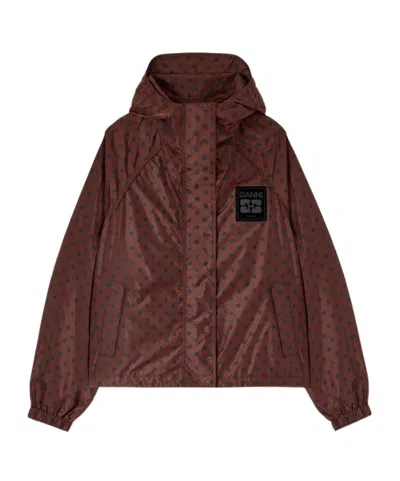 Ganni Jacket In Printed Nylon In Brown
