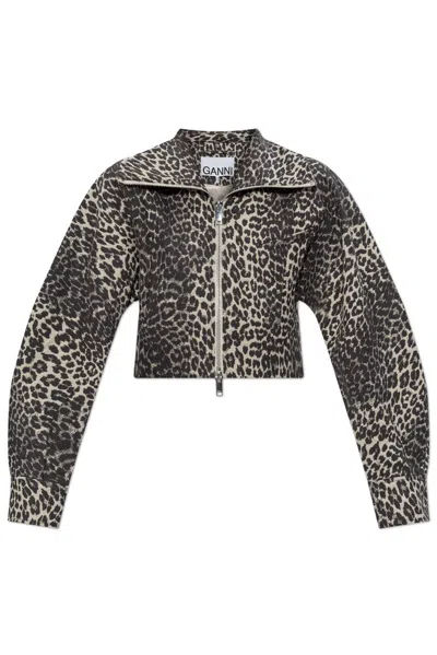 Ganni Beige & Gray Leopard Curve Sleeve Short Jacket