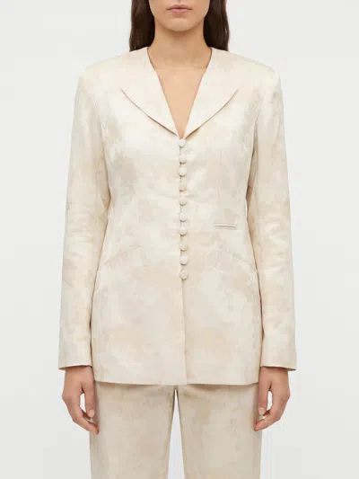 Ganni Beige Jacquard Notched Lapel Blazer In Animal Print