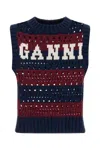 Ganni Striped Openwork Vest With Logo Inlay In Blue