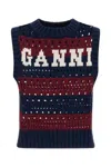 Ganni Striped Openwork Vest With Logo Inlay In Blue