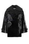 Ganni Crocodile Effect Double-breasted Coat In Black