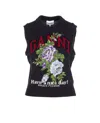 Ganni Floral Embroidered Wool Sleeveless Top In Burgundy